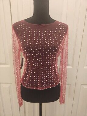 White Burch Pearl And Bling Embellished Barbie Pink Mesh Long-Sleeve Top